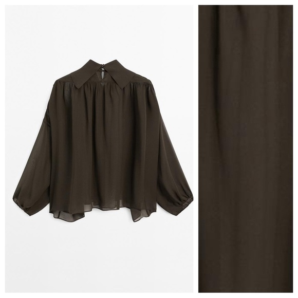 NWT. Massimo Dutti Brown Semi-Sheer Voluminous Blouse. Size XS-S. - Picture 5 of 11